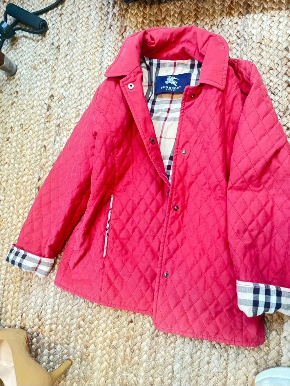 Burberry Kids Quilted Red Puffer Jacket with Check Lining